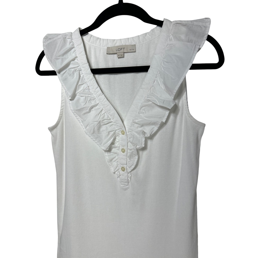 Loft Petites Ribbed Ruffle V-Neck Henley Tank Top MP Cotton Blend Sleeveless EUC